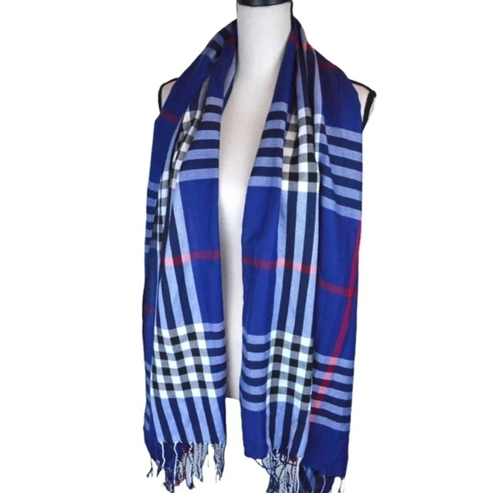 Pashmina Lightweight Silk Blend Plaid Twist‎ Fringe Blanket Scarf